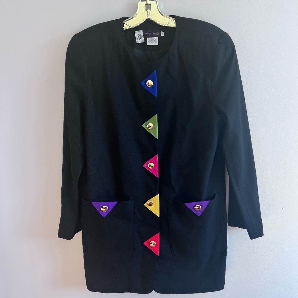 Simon Chang vintage 100% wool blazer 8 pure new wool black multicolor gold 80's